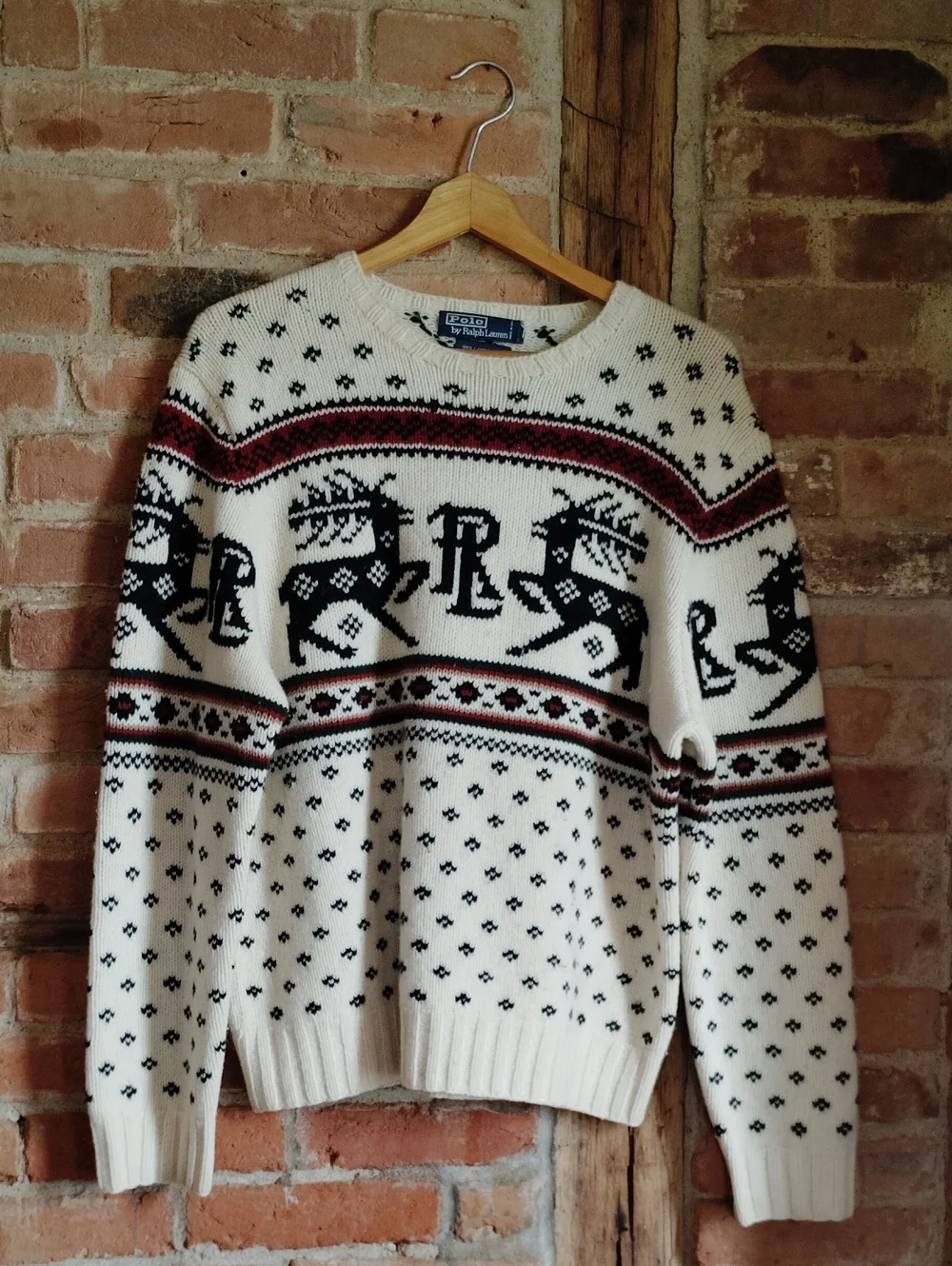 Vintage Ralph Lauren Logo Cream Fair Isle Reindeer Lambswool Hand Knit Sweater